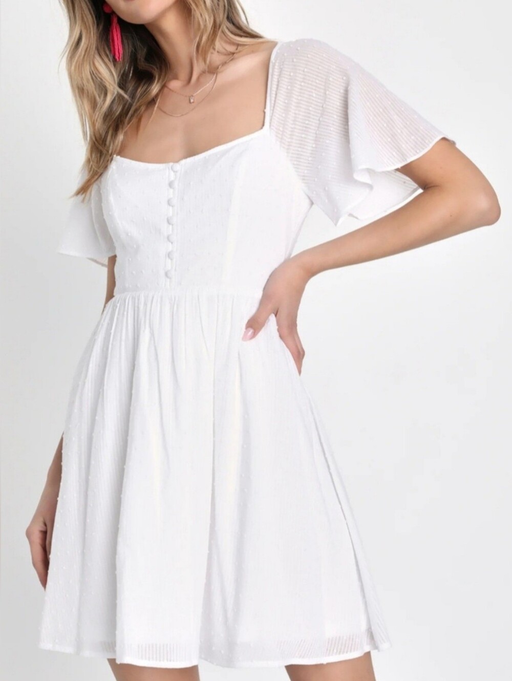 White Swiss Dot Flutter Sleeve Mini Dress